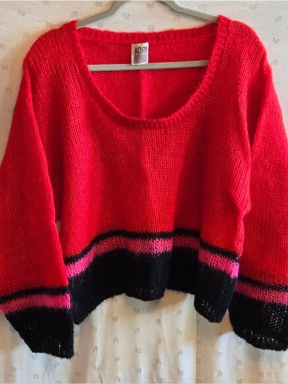 ADRI Women's Vibrant Red Knit Sweater with Black and Pink Accents PRICE FIRM